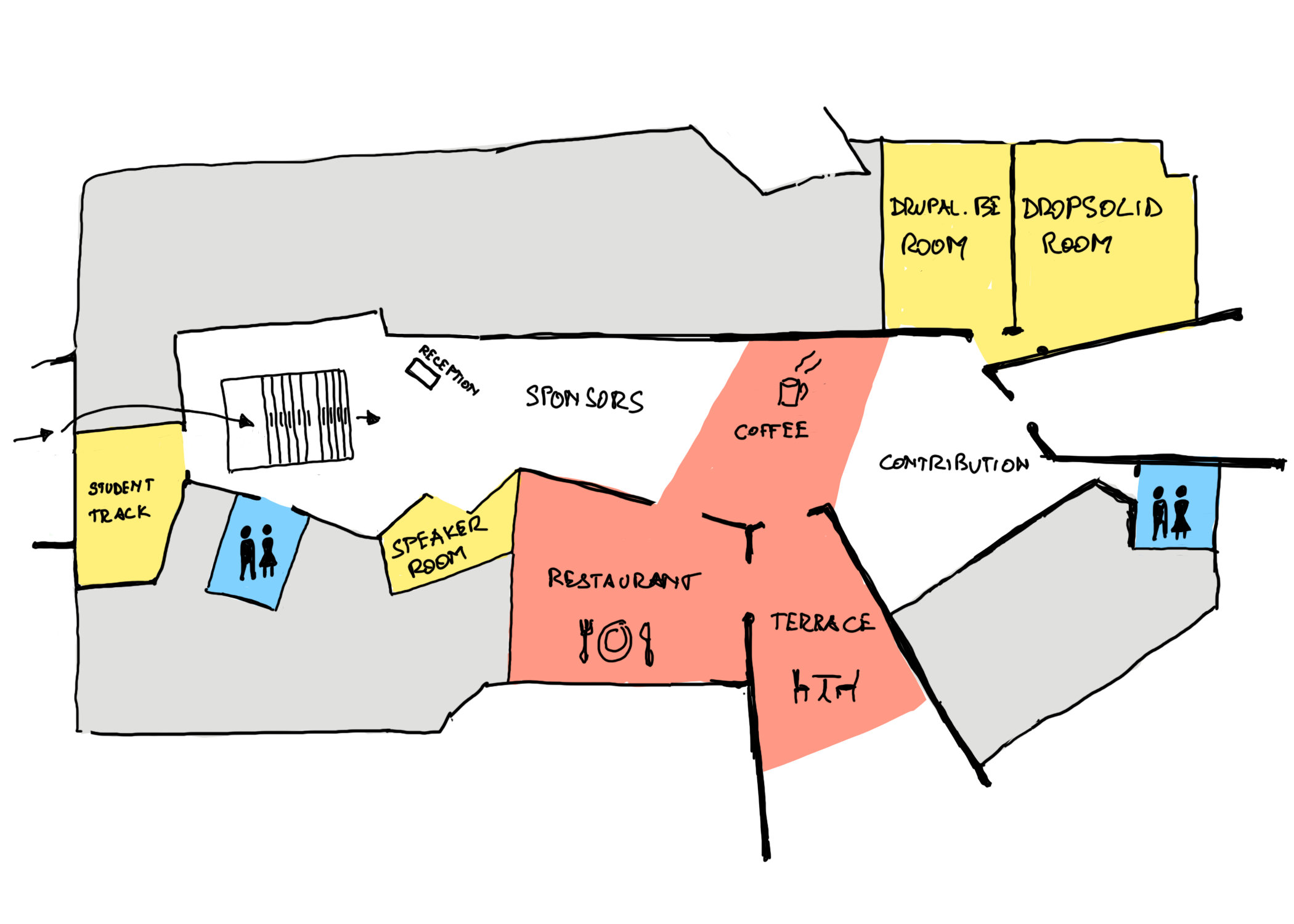 Floorplan of Drupalcam on the -1 in the Penta. There is a big aery patio with reception, sponsors, coffe area, contrib area and restaurant, with the rooms around it.